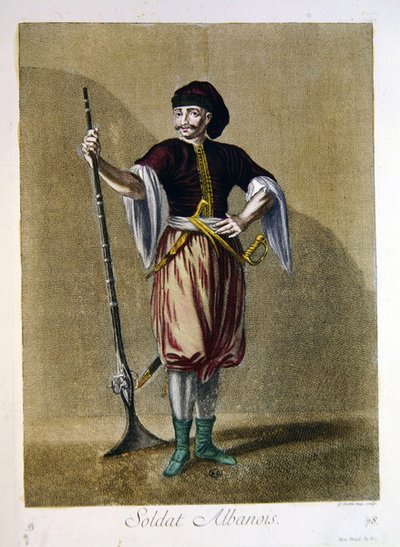 जेरार्ड जीन बैप्टिस्ट स्कॉटिन (1671-1716) 1707-08 (रंगीन उत्कीर्णन) द्वारा उकेरी गई 'रेक्यूइल डी'एस्टैम्पस सुर लेस कॉस्ट्यूम्स डू लेवेंट' से अल्बानियाई सैनिक द्वारा फ्रेंच स्कूल