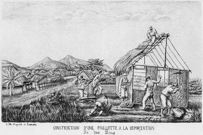 आइल्स ऑफ पाइन्स का एल्बम, 1878-79 में निर्वासितों द्वारा पुआल की झोपड़ी का निर्माण द्वारा फ्रेंच स्कूल