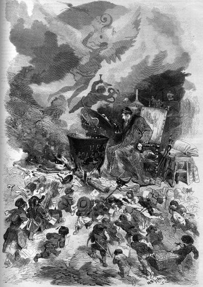 1870 में नेपोलियन III के जनमत संग्रह का रूपक। जनमत संग्रह मतपेटी एक बर्तन बन जाता है जिसमें लोकप्रिय वोट उबल रहा होता है। आग फ्रांसीसी संविधान के पुराने पेड़ की मृत लकड़ी से भरती है। एडमंड मोरिन द्वारा "" द इलस्ट्रस वर्लू में उत्कीर्णन द्वारा फ्रेंच स्कूल