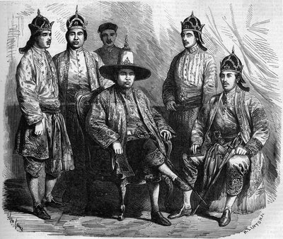 1858 में पेरिस की अपनी यात्रा के दौरान सियाम (थाईलैंड) के राजदूत। 20 मार्च 1858 को "" ले मोंडे इलस्ट्रे"" n°49 में उत्कीर्णन। द्वारा फ्रेंच स्कूल