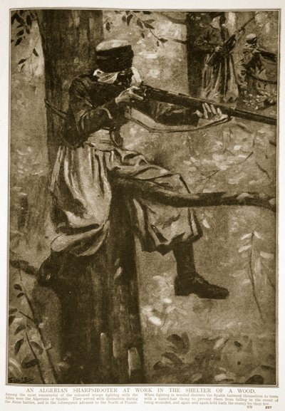एक अल्जीरियाई शार्पशूटर एक लकड़ी के आश्रय में काम करता है, 1914-19 द्वारा फ्रेंच स्कूल