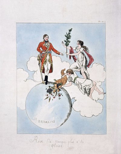18 ब्रुमेयर वर्ष VIII (9.11.1799) के तख्तापलट के दौरान नेपोलियन-बोनापार्ट का एपोथोसिस। (अप्सराएं उसे लॉरेल और बहुतायत के सींग पेश करती हैं) द्वारा फ्रेंच स्कूल