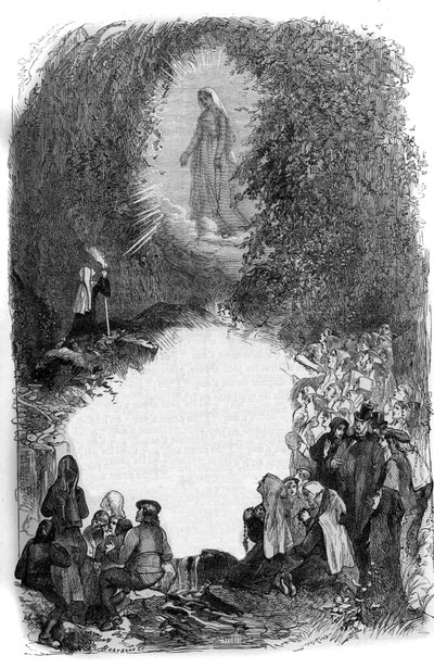 लूर्डेस की गुफा में वर्जिन मैरी की बर्नाडेट सोबिरस (1844-1879) की उपस्थिति, हौट्स पाइरेनीस (65) द्वारा फ्रेंच स्कूल