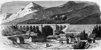 वास्तुकला: ल्यों से जिनेवा को जोड़ने वाली रेलवे लाइन पर बेलेगार्डे वायडक्ट (रोन आल्प्स) का दृश्य। 1858. 20 मार्च 1858 के "" ले मोंडे इलस्ट्र्रे "" एन °49 में उत्कीर्णन। द्वारा फ्रेंच स्कूल