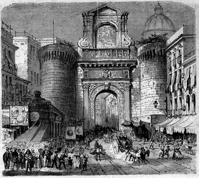 वास्तुकला: नेपल्स में पोर्टा कैपुआना (पोर्टा कैपुआना) (1484) का दृश्य, 1860 में गैरीबाल्डी के हजार या लाल शर्ट के अभियान के सैनिकों के प्रवेश के दौरान। "ले मोंडे इलस्ट्रे" में उत्कीर्णन n ° 180 22 सितंबर 1860 को। द्वारा फ्रेंच स्कूल