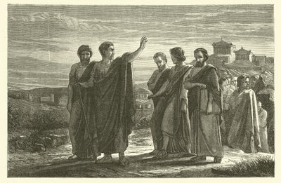 अपने शिष्यों के साथ एथेंस से निर्वासित अरस्तू (उत्कीर्णन) द्वारा फ्रेंच स्कूल