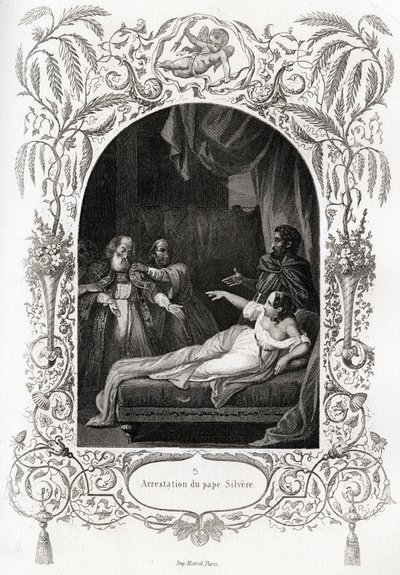पोप सिल्वर (सिल्वरियो) की गिरफ्तारी (536 से 537 तक पोप)। मौरिस लाचात्रे (1814-1900), लाइब्रेरी डू प्रोग्रेस, पेरिस द्वारा हिस्टोइरे डेस पोप्स को चित्रित करने के लिए उत्कीर्णन। द्वारा फ्रेंच स्कूल
