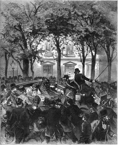 जर्मन सम्राट विलियम II (1797-1888), बर्लिन, 2 जून 1878 के खिलाफ हमला: जर्मन एनासिस्ट कार्ल नोबिलिंग द्वारा चलाई गई गोली से सम्राट घायल हो गया था। 8 जून 1878 के "" ले मोंडे इलस्ट्र्रे "" संख्या ११०६ में उत्कीर्णन। द्वारा फ्रेंच स्कूल