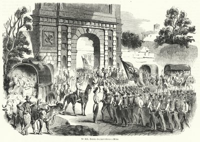 मिलान, इटली में प्रवेश करने वाले ऑस्ट्रियाई सैनिक, 6 अगस्त 1848 (उत्कीर्णन) द्वारा फ्रेंच स्कूल