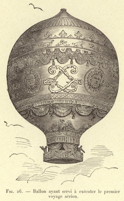 पहली हवाई यात्रा करने के लिए इस्तेमाल किया जाने वाला गुब्बारा (उत्कीर्णन) द्वारा फ्रेंच स्कूल