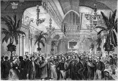 समाचार पत्र "" ले फिगारो "" का भोज, 6 फरवरी, 1864 को पेरिस में रेस्तरां डु पैसेज डेस प्रिंसेस के रहने वाले कमरे में दिया गया, जिसमें पत्रकारों, लेखकों, कलाकारों ने भाग लिया ... मौजूद हैं, बाएं से दाएं: नेस्टर रोकेप्लान, ममे उगाल्डे, मों द्वारा फ्रेंच स्कूल