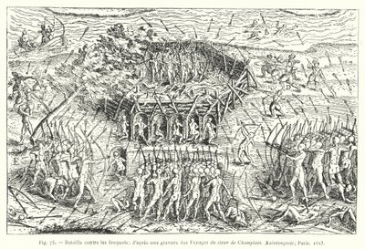 Iroquois के खिलाफ लड़ाई; ट्रेवल्स ऑफ़ सीउर डी चम्पलेन, ज़ैनटोंगियोइस, पेरिस से एक उत्कीर्णन के बाद द्वारा फ्रेंच स्कूल