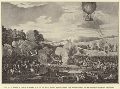 फ्लेरस की लड़ाई, 8 मेसीडोर वर्ष II (26 जून, 1794), जिसके दौरान सैन्य बंदी गुब्बारा ऑस्ट्रियाई सेना (उत्कीर्णन) के सभी आंदोलनों को देखता है। द्वारा फ्रेंच स्कूल