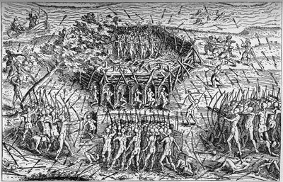सैमुअल डी चमप्लेन की फ्रांसीसी सेना (लगभग 1567-1635) और Iroquois के बीच लड़ाई। कनाडा, 17 वीं शताब्दी की शुरुआत में। "ला मरीन एट लेस कॉलोनियों: वाणिज्य" में उत्कीर्णन द्वारा फ्रेंच स्कूल