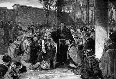 जूल्स फेरी द्वारा जारी मार्च 1880 के फरमानों के बाद निष्कासन से पहले, 30 अक्टूबर 1880 को पेरिस में रुए डे ला सैंटे में कैपुचिन्स के दरबार में वफादारों का आशीर्वाद, जिसने अनधिकृत धर्म के सदस्यों को पढ़ाने का अधिकार हटा दिया। द्वारा फ्रेंच स्कूल