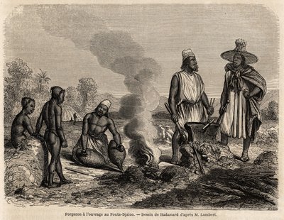 ब्लैकस्मिथ के पास फ़ौटा जालोन (सेनेगल) में काम है, जो हैडामार्ड द्वारा चित्रित किया गया है, जो 1860 में फ़ौटा जालोन के लिए लेफ्टिनेंट लैम्बर्ट की यात्रा को चित्रित करने के लिए है। 1861 में "ले टूर डू मोंडे" में उत्कीर्णन। सेल्वा का संग्रह। द्वारा फ्रेंच स्कूल