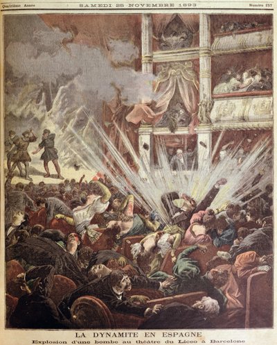 25 अगस्त 1893 को ली पेटिट जर्नल से लीसेओ थियेटर, बार्सिलोना में बम विस्फोट, चित्रण द्वारा फ्रेंच स्कूल