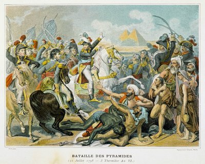 21 जुलाई 1798 को पिरामिड की लड़ाई के दौरान बोनापार्ट (बीच में) और उसके सैनिक। द्वारा फ्रेंच स्कूल