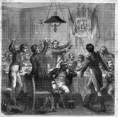 6 अप्रैल 1814 को प्रथम साम्राज्य के पतन और 29 जुलाई 1830 को थ्री ग्लोरियस की क्रांति के बीच बहाली के तहत बोनापार्टिस्ट भोज। मौरिस लाचट द्वारा "हिस्टोइरे डेस पेप्स-रोइस-क्वीन एंड एम्पीयरर्स ए ट्रैवर्स लेस सेंचुरी" में उत्कीर्णन द्वारा फ्रेंच स्कूल