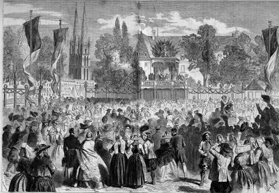 नेपोलियन III (1808-1873) और इंप्रेस यूजनी (1826-1920) की उपस्थिति में क्विम्पर (फिनिस्टेरे, 29) में युद्ध के मैदान पर ब्रेटन बॉल। 28 अगस्त के n°72 "" ले मोंडे इलस्ट्र्रे" में उत्कीर्णन द्वारा फ्रेंच स्कूल