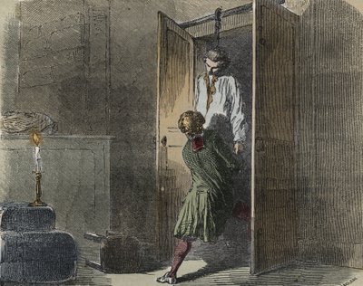 कैलास मामला: १३ अक्टूबर १७६१ को, मार्क एंटोनी कैलस टूलूज़ में पारिवारिक बुटीक में फांसी पर लटका हुआ पाया गया - आर्मंड फौक्वियर (1817-18?) 1858-1867 - निजी संग्रह द्वारा "" कॉज़ सेलेब्रेस डे टूस लेस पीपल्स "" में उत्कीर्णन - निजी संग्रह द्वारा फ्रेंच स्कूल