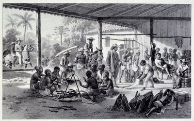 ब्राजील में नीगरों का शिविर। 19वीं शताब्दी से उत्कीर्णन। चार्ट्रेस, ललित कला संग्रहालय द्वारा फ्रेंच स्कूल