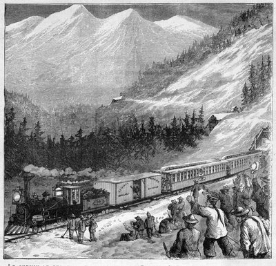 1888 में कैनेडियन पैसिफिक रेलवे - कैनेडियन पैसिफिक रेलवे - सिएरा नेवादा में एक ट्रेन का मार्ग - "" जर्नल डेस वॉयेज "" 1888 में उत्कीर्णन द्वारा फ्रेंच स्कूल
