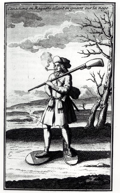 स्नोशो के साथ कनाडाई बर्फ पर युद्ध के लिए जा रहे हैं, 1753 में प्रकाशित बेकेविले डी ला पोथेरी (1663-1736) द्वारा हिस्टायर डी लअमेरिक सेपेंट्रियनेल द्वारा फ्रेंच स्कूल