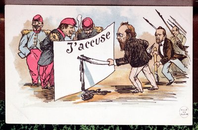 जेकुसे का कैरिकेचर, अल्फ्रेड ड्रेफस, 1898 के बचाव में एमिल जोला (1840-1902) द्वारा लिखित लेख द्वारा फ्रेंच स्कूल