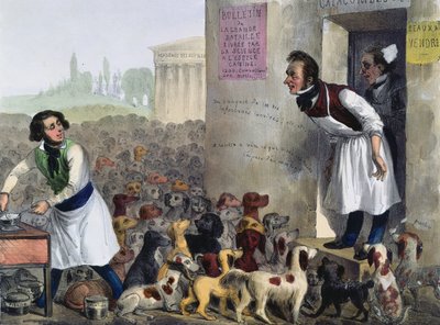 रबीड कुत्तों के साथ काम करने वाले पेरिसियों का कैरिकेचर, c.1840 द्वारा French School