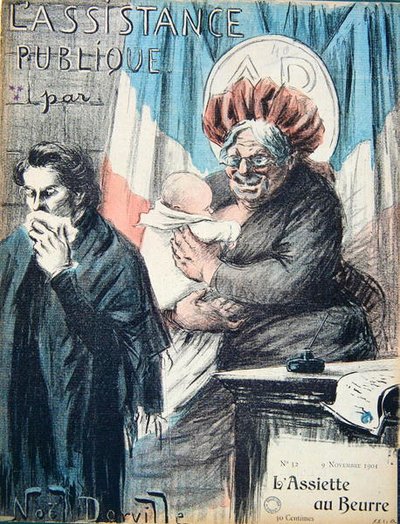 सहायता सार्वजनिक की आलोचना करते हुए कार्टून, 'L'Assiette au Beurre' से कैरिकेचर द्वारा फ्रेंच स्कूल