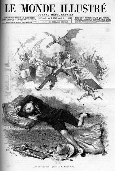 1888 में कक्षा किराये पर आने वाली छुट्टियों के अंत से एक युवा स्कूली छात्र का कार्टून। द्वारा फ्रेंच स्कूल