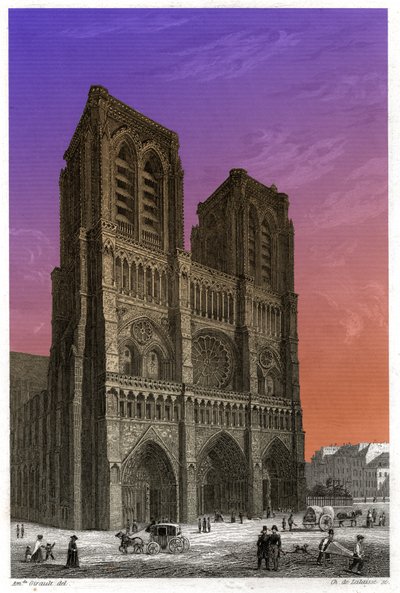 नोट्रे-डेम डे पेरिस कैथेड्रल। (उत्कीर्णन, सीए। 1850) द्वारा फ्रेंच स्कूल