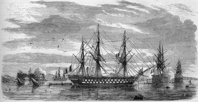कैथोलिक भ्रूण: 1858 में टोलन (वार, 83) में गुड फ्राइडे (पवित्र शुक्रवार)। जहाजों में उनकी छड़ें होती हैं और शोक के संकेत के रूप में उनके झंडे आधे हाइलार्ड्स के साथ होते हैं। 17 अप्रैल 1858 के "" ले मोंडे इलस्ट्रे"" एन °53 में उत्कीर्णन। द्वारा फ्रेंच स्कूल
