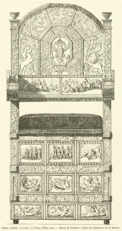 रूसी राज्य कोषागार (उत्कीर्णन) में हाथीदांत में तराशी हुई कुर्सी द्वारा फ्रेंच स्कूल
