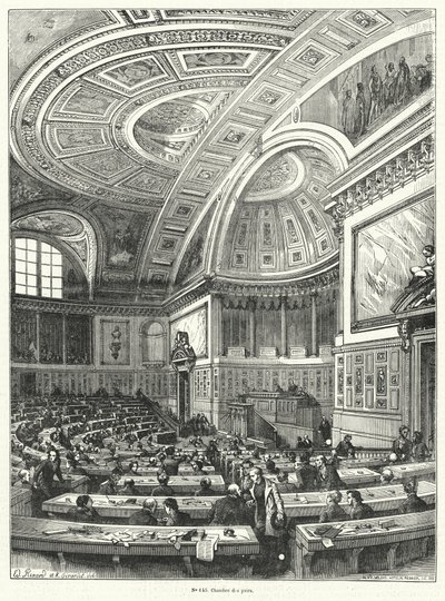 चंब्रे डेस पेयर्स (चेंबर ऑफ पीयर), 1814 से फ्रांसीसी संसद का ऊपरी सदन 1848 की क्रांति के बाद इसके उन्मूलन तक (उत्कीर्णन) द्वारा फ्रेंच स्कूल