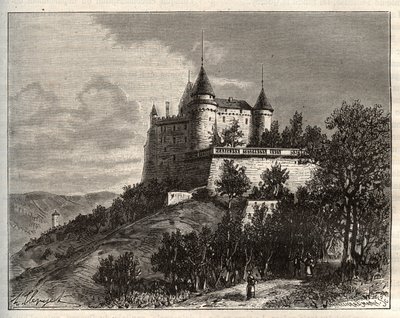 Chateau de Mercues - Cahors - VA माल्ट-ब्राउन द्वारा "ला फ्रांस चित्रण: भूगोल, इतिहास, सांख्यिकीय प्रशासन" में उत्कीर्णन। १८८४ द्वारा फ्रेंच स्कूल
