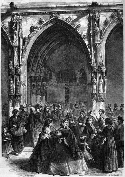 क्रिश्चियन री - पाम संडे: चर्च सेंट जर्मेन l'Auxerrois के दरवाजे पर शाखाओं का वितरण। पेरिस द्वारा फ्रेंच स्कूल