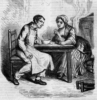 क्रिस्टोफ़ और मोटा सिल्वी: नाश्ता करने वाले नौकर। 19वीं सदी के मध्य में उत्कीर्णन। होनोर डी बाल्ज़ाक (1799-1850) द्वारा "द फादर गोरियोट" के लिए चित्रण। द्वारा फ्रेंच स्कूल
