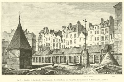 सेंट-इनोसेंट के कब्रिस्तान और बड़े पैमाने पर कब्रों, rue aux Fers, 1780 के किनारे, बर्नियर, कोल ए लेनोर द्वारा एक ड्राइंग के बाद। द्वारा फ्रेंच स्कूल