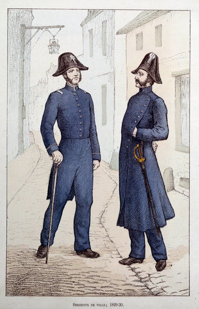 शहर के हवलदार। दो कानून प्रवर्तन अधिकारी बात कर रहे हैं। 1829-1830 के आसपास लिथोग्राफी प्रीफेक्चर डी पुलिस, पेरिस द्वारा फ्रेंच स्कूल