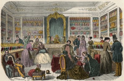 19वीं सदी में पेरिस में कन्फेक्शनरी की दुकान - एडमंड टेक्सियर 1852 द्वारा "झांकी-दे-पेरिस" में उत्कीर्णन द्वारा फ्रेंच स्कूल
