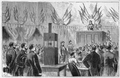 1882 में पेरिस में पालिस डी ल उद्योग में बिजली की अंतरराष्ट्रीय प्रदर्शनी में इलेक्ट्रीशियन की कांग्रेस - एलेक्सिस क्लर्क द्वारा "" विज्ञान ए ला पोटे डे टूस - फिजिक्स एट चिमी पॉपुलैरेस "" में उत्कीर्णन - 19 वीं शताब्दी के अंत में। निजि  द्वारा फ्रेंच स्कूल