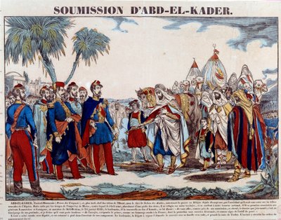 अल्जीरिया की विजय (1830-1847): अब्द अल कादर (अब्द-अल-कादर या इब्न मुही अल-दीन अल-हसानी) (1807-1883) को ड्यूक ऑफ औमले और फ्रांसीसी सेना को 24/01 को प्रस्तुत करना /1848. 19वीं सदी के अंत में निजी संग्रह की नक्काशी द्वारा फ्रेंच स्कूल