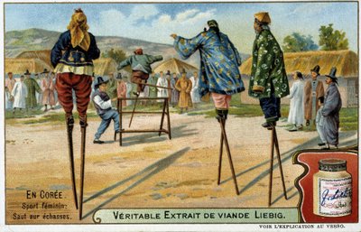कोरी: स्टिल्ट्स पर कूदने का महिला खेल - क्रोमो लीबिग, v.1900 द्वारा फ्रेंच स्कूल