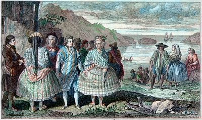 ला कॉन्सेप्शन (चिली) के निवासियों की वेशभूषा - 1785-1788, पेरिस 1797 के दौरान दुनिया भर में एटलस डू वोयाज डे ला पेरौस (लेपरहाउस)। द्वारा फ्रेंच स्कूल