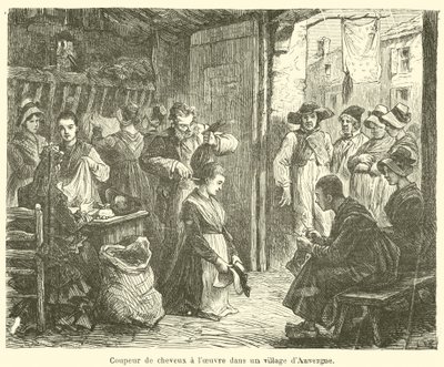 Auvergne के एक गाँव में काम पर नाई काटने वाला (उत्कीर्णन) द्वारा फ्रेंच स्कूल