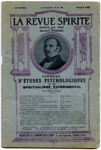 अक्टूबर 1931 की पत्रिका, एलन एलन कारडेक के चित्र, "ला रिव्यू स्पिरिटाइट" का एक कवर द्वारा फ्रेंच स्कूल