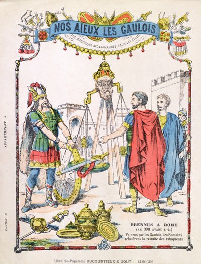 Brennus (fl। C.389 ईसा पूर्व) की कथा को दर्शाती स्कूल व्यायाम पुस्तक का कवर द्वारा फ्रेंच स्कूल