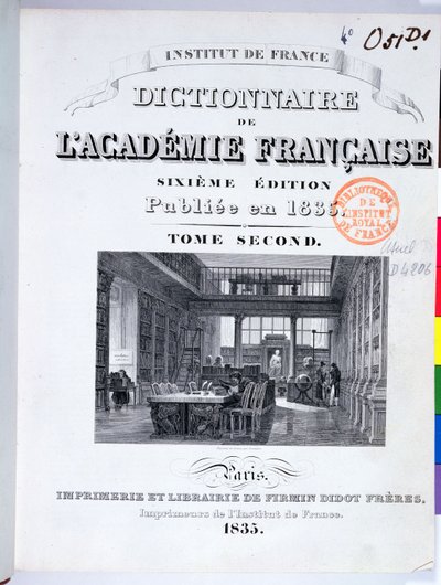 1835 के फ्रेंच अकादमी के शब्दकोश का कवर द्वारा फ्रेंच स्कूल